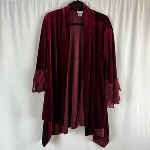 Collection ETC Rich Burgundy Velvet cardigan with Lace Cuffs Size: L